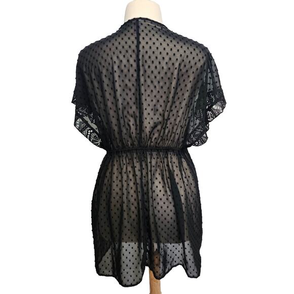 No Boundaries Beach Tie Front Kaftan Shirt Black Swiss Dot Large - Picture 3 of 6